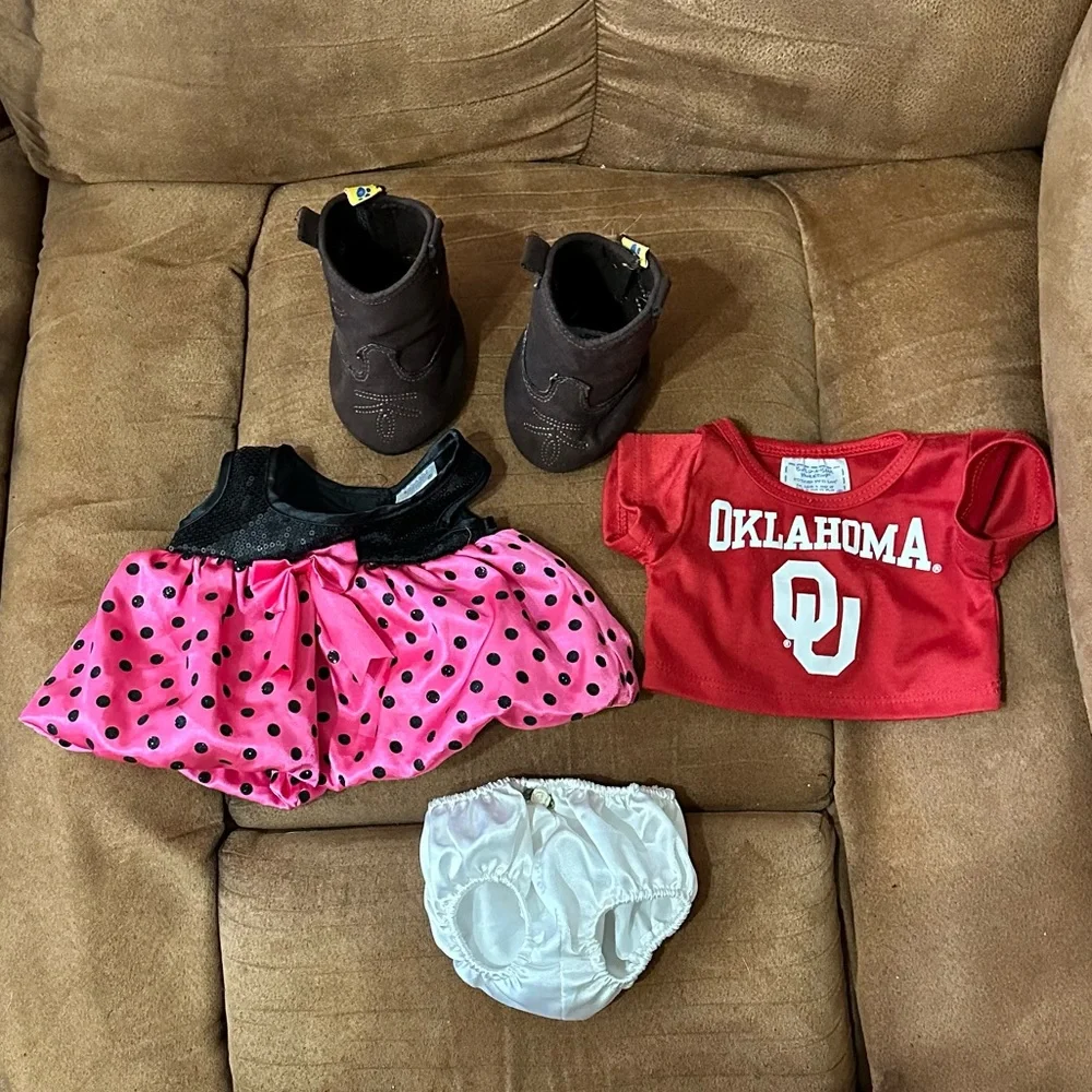 Lot of Build A Bear Items: Bunny Purple Bear Pink Bear with 3 Outfits and Boots